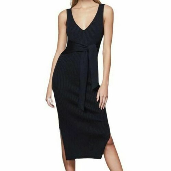 Good American Womens Sleeveless Side Slit Belted Midi Bodycon Dress Black 3, NWT - Picture 1 of 5